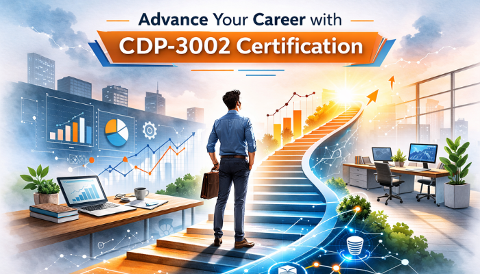 A confident professional stands before an abstract, upward-trending graph in a modern office, symbolizing career growth and opportunities with the Cloudera CDP-3002 certification.