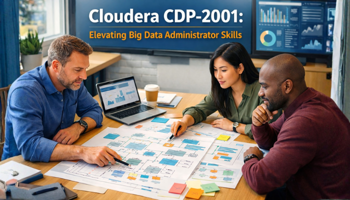 A realistic high-angle photograph of several IT professionals collaboratively discussing complex architectural diagrams and data flow, representing the advanced skills gained through the Cloudera CDP-2001 certification
