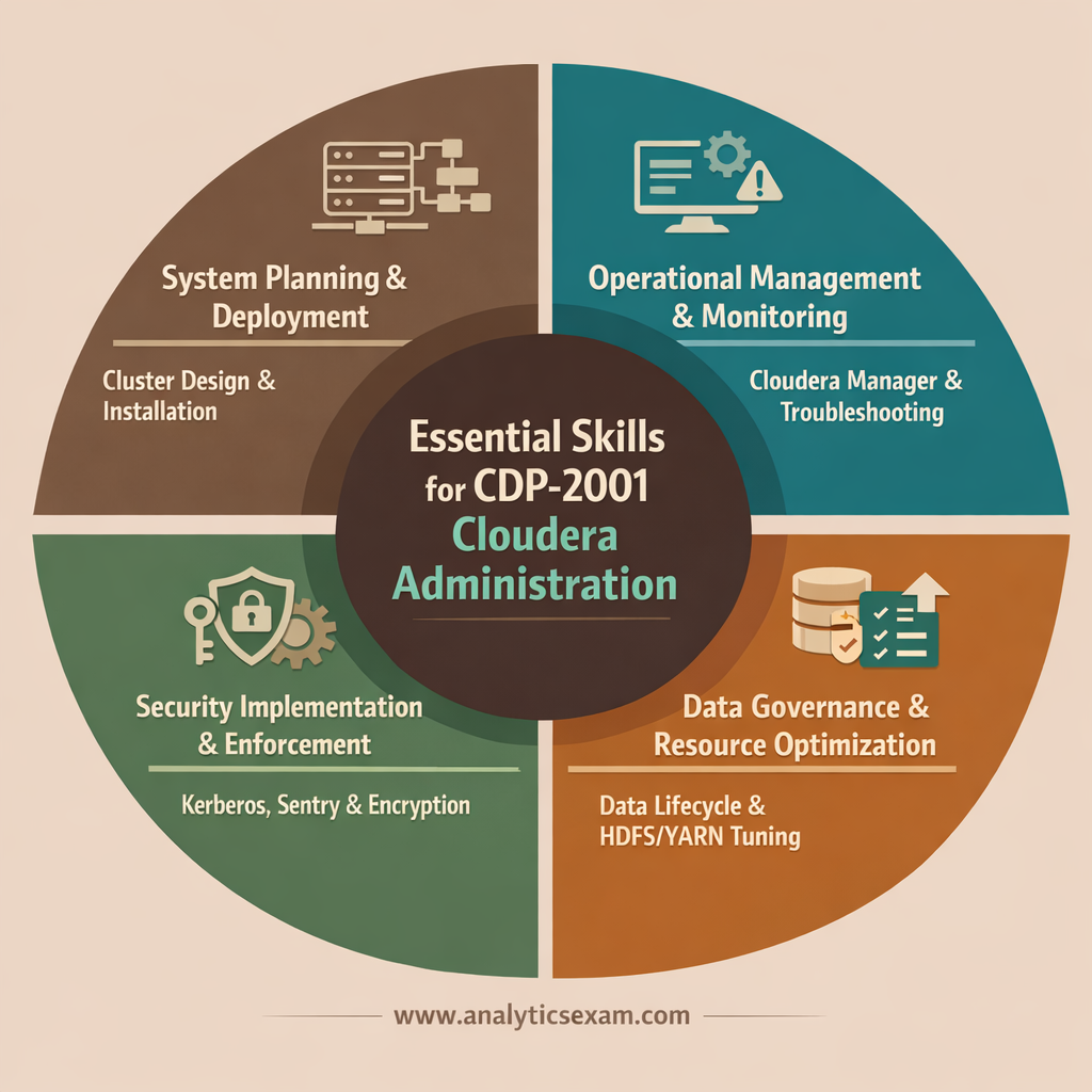 Infographic highlighting essential Cloudera administration skills for CDP-2001, including system planning, operational management, security implementation, and data governance for on-premises data platforms.