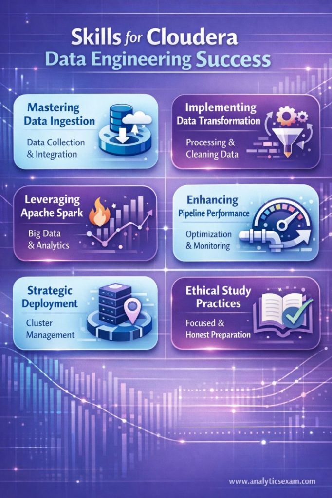An infographic showcasing essential skills for success in Cloudera Data Engineering and the CDP-3002 exam, covering data ingestion, transformation, Spark utilization, performance enhancement, strategic deployment, and ethical study.