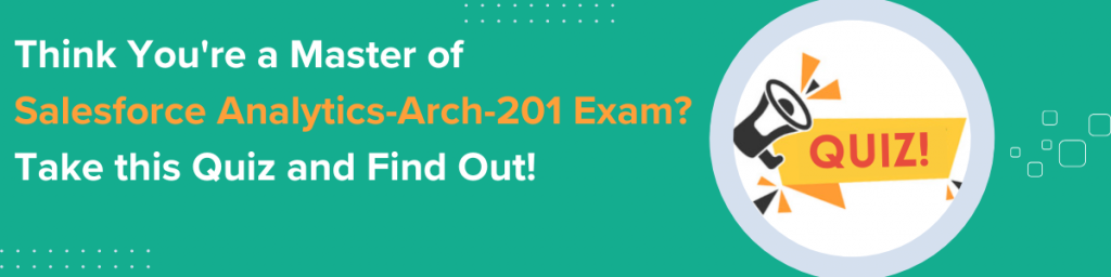 Banner promoting Salesforce Analytics-Arch-201 quiz with text “Think You're a Master? Take this Quiz and Find Out!” and a megaphone icon highlighting “Quiz.”