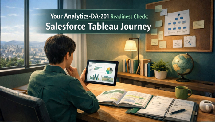 A professional in a modern study space reviewing study materials and a Tableau dashboard, representing the readiness phase for the Salesforce Tableau Data Analyst (Analytics-DA-201) exam