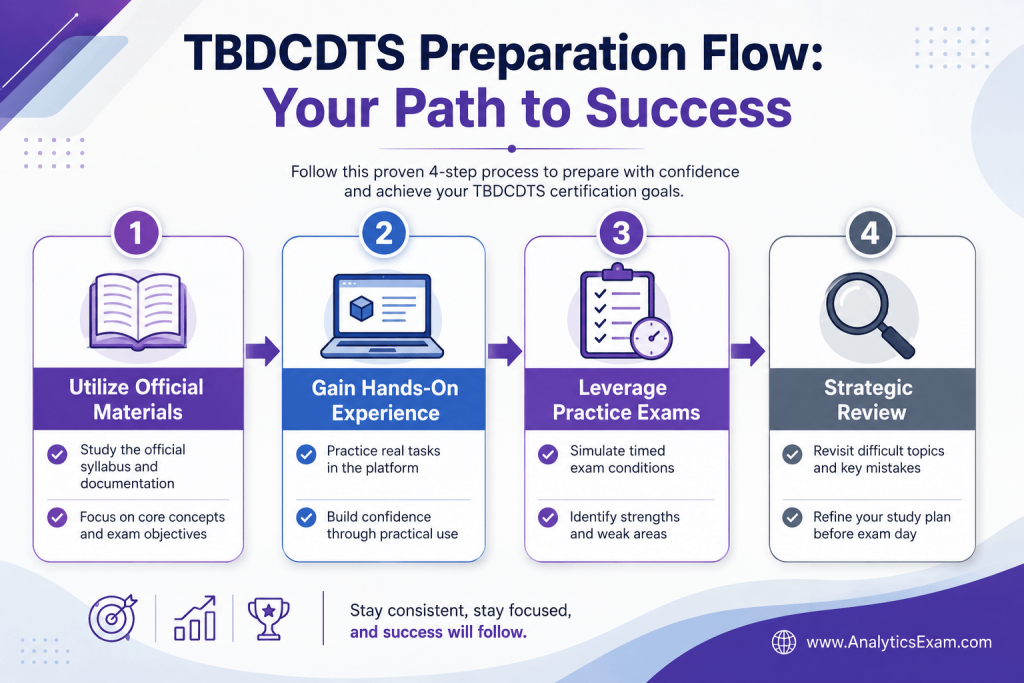 An infographic detailing the preparation flow for the TBDCDTS exam, outlining steps like utilizing official materials, gaining hands-on experience, and strategic review.