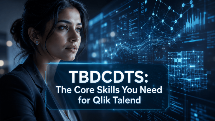 A professional woman intensely viewing a complex Qlik Talend Big Data visualization dashboard. This image represents the TBDCDTS certification's focus on essential Big Data development skills and expertise.