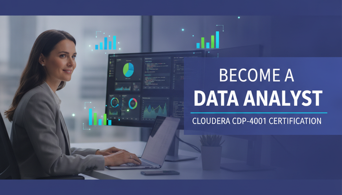 Real data analyst at a desk with dashboards and charts, preparing for the Cloudera CDP-4001 Data Analyst certification