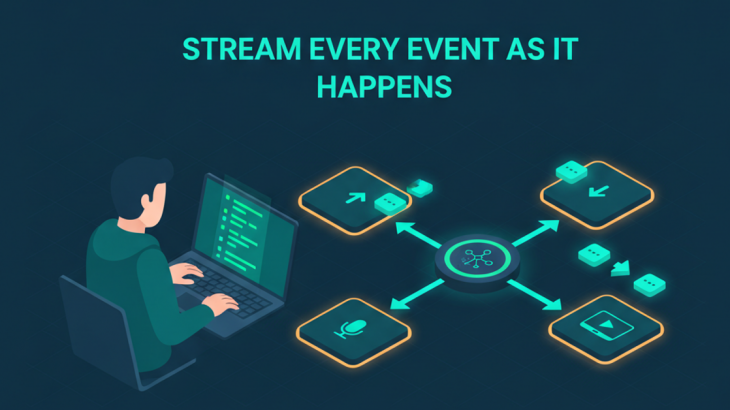 Isometric illustration of a developer at a laptop beside a real-time event pipeline with producers, a central broker, and consumers, headline Stream Every Event as It Happens