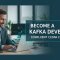 Confident software developer at a laptop with real-time data-stream graphics, preparing for the Confluent CCDAK Kafka Developer certification