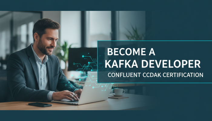 Confident software developer at a laptop with real-time data-stream graphics, preparing for the Confluent CCDAK Kafka Developer certification