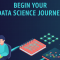 Isometric illustration of a beginner data scientist starting a learning path with a notebook, model graph and first milestone flag, headline Begin Your Data Science Journey