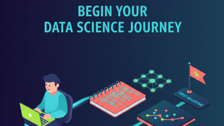Isometric illustration of a beginner data scientist starting a learning path with a notebook, model graph and first milestone flag, headline Begin Your Data Science Journey