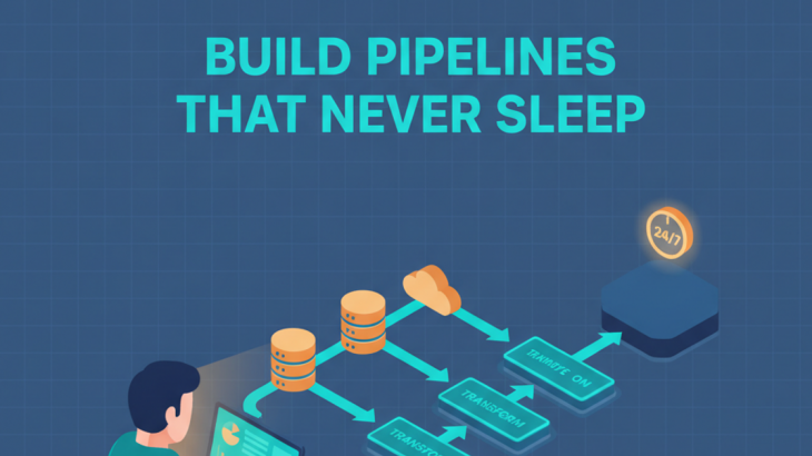 Isometric illustration of a data engineer monitoring an always-on pipeline flowing from sources through transforms into a warehouse with a 24/7 badge, headline Build Pipelines That Never Sleep