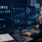 An adult woman professionally analyzing data on a Tableau dashboard, symbolizing mastery of the Salesforce Analytics-101 certification. The scene is set in a modern office with data visualization elements.