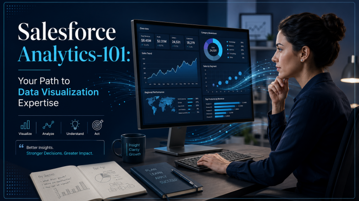 An adult woman professionally analyzing data on a Tableau dashboard, symbolizing mastery of the Salesforce Analytics-101 certification. The scene is set in a modern office with data visualization elements.