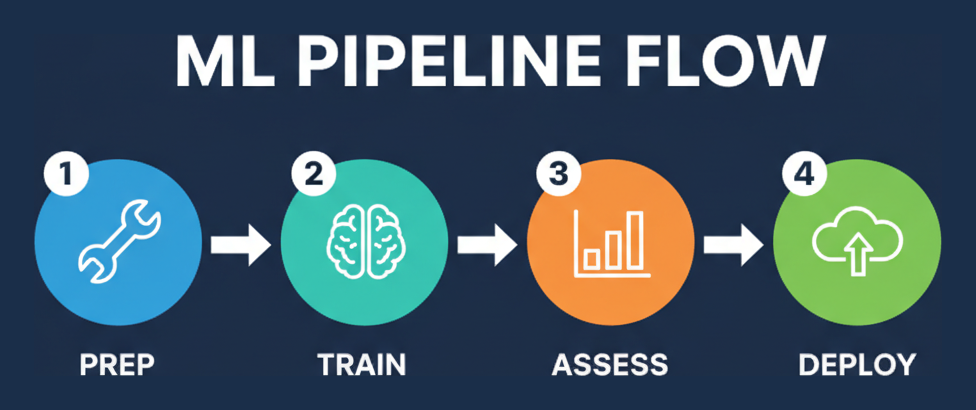 ML pipeline flow: prep, train, assess, deploy