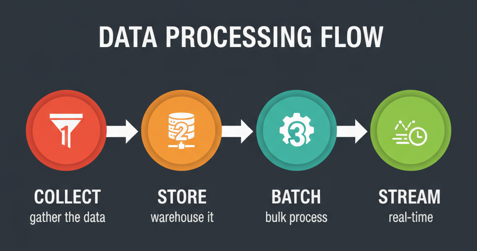 Data processing flow: collect, store, batch, stream