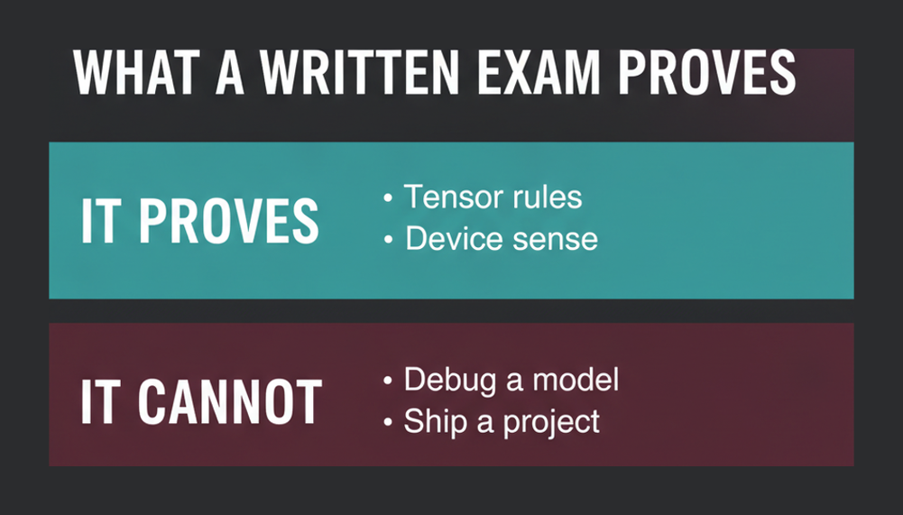 What a written PyTorch exam proves: tensor rules and device sense, but not debugging a model or shipping a project