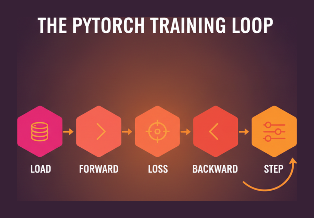 PyTorch training loop cycle showing load, forward pass, loss, backward pass and optimiser step repeating
