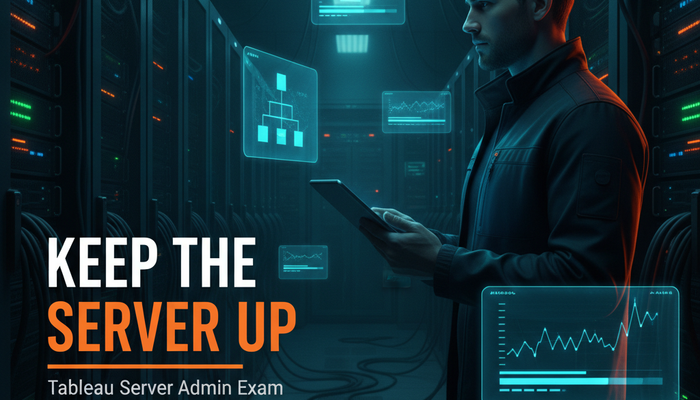 Tableau Server administrator exam banner showing an administrator monitoring server processes and permission settings