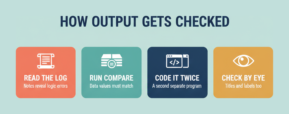 Four ways A00-282 clinical output gets checked: read the log, run PROC COMPARE, code it twice, check titles and labels by eye