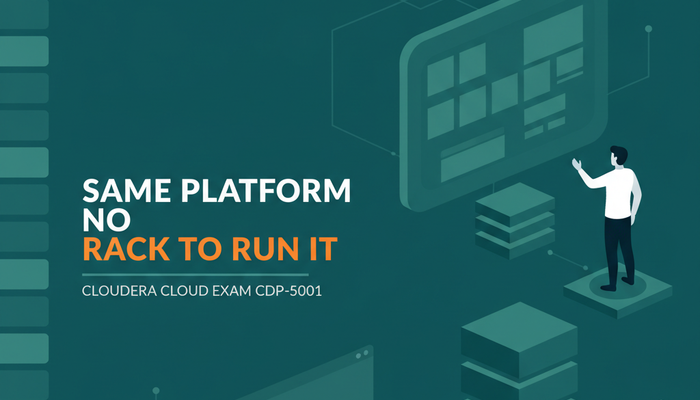 Cloudera public cloud certification banner showing an administrator managing a cloud data platform environment rather than a physical rack