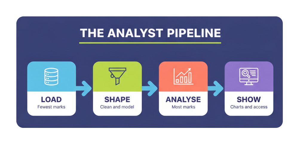 The DAA-C01 analyst pipeline in four steps: load carries the fewest marks, shape covers cleaning and modelling, analyse carries the most marks, and show covers charts and access