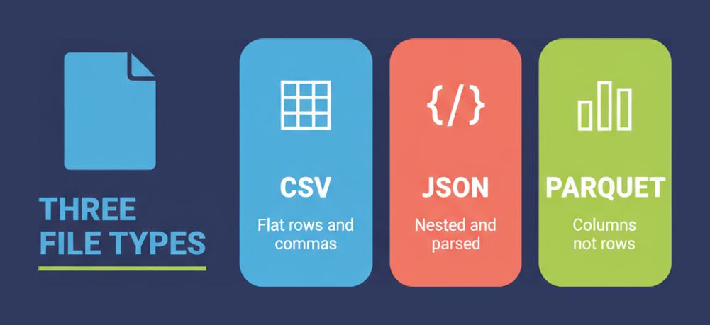 The three file types named in the DAA-C01 syllabus: CSV with flat rows and commas, JSON nested and parsed, and Parquet stored in columns not rows