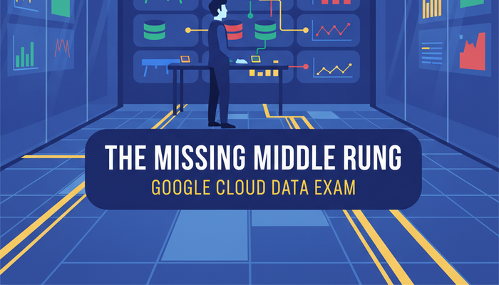 Google Associate Data Practitioner banner showing a data practitioner at a desk in front of a wall of pipeline and chart panels