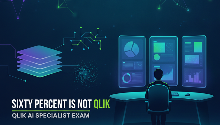 Qlik AI Specialist QAIS certification banner showing a data professional working between general AI concepts and Qlik product panels