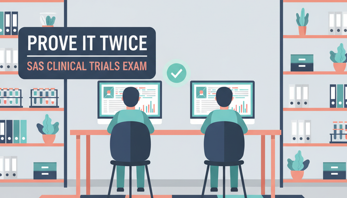 SAS A00-282 clinical trials certification banner with two programmers comparing matching tables under the line Prove It Twice