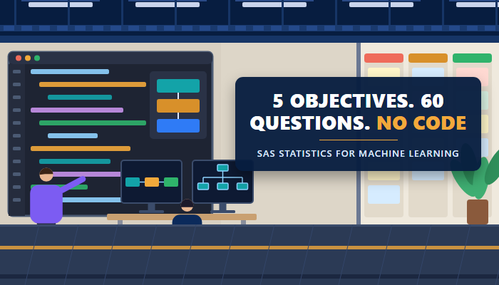 SAS statistics for machine learning certification A00-480 banner showing a code room with an analyst at two monitors and a headline plate reading 5 objectives, 60 questions, no code