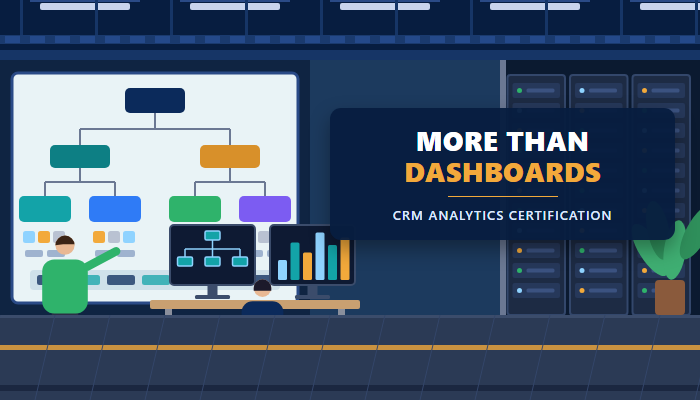 CRM Analytics certification banner showing an analytics team room with a wall chart board and two people at a two monitor desk