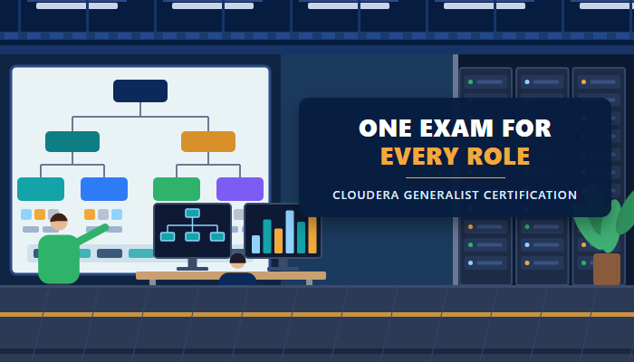 Cloudera Generalist certification banner showing a data team room with a platform diagram on the wall, server racks and two people at a two monitor desk