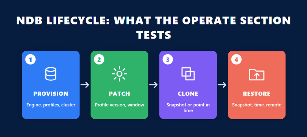 NCP-DB NDB lifecycle infographic showing the four linked operations the operate section tests: provision, patch, clone and restore