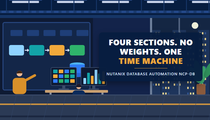 Nutanix Database Automation certification NCP-DB banner showing a database operations room with an engineer at two monitors beside a wall of data panels
