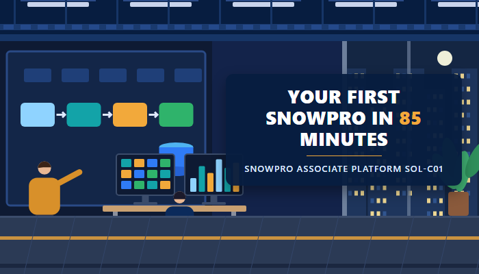 SnowPro Associate Platform certification banner showing a data team workspace with a wall display of a stage to table loading path and an analyst at a two monitor desk