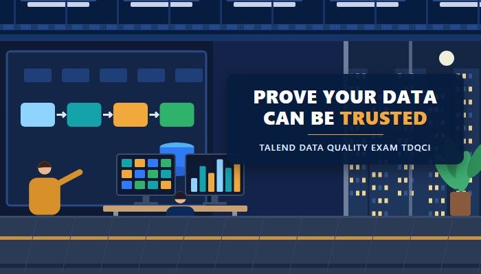 Talend Data Quality Certified Implementer banner showing a data operations room with a wall board, a glass wall and two people at a two monitor desk